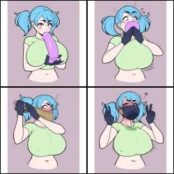 1girls 4koma big_breasts blue_hair blush breasts busty character_request comic covered_erect_nipples deepthroat dildo dildo_gag dildo_in_mouth dildo_mask double_v face_mask female female_only gag heart highres huge_breasts jam-orbital looking_at_viewer makeup medium_hair midriff navel oral pose posing purple_eyes sex_toy shirt solo tape twintails v voluptuous