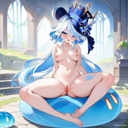 ai_generated blush breasts furina_(genshin_impact) genshin_impact ministro pussy sitting_on_person slime slime_(genshin_impact)