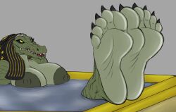 ammit ammit_(moon_knight) anthro bathing bathtub big_feet breasts claws crocodile crocodilian crocodylid deity dottfeet exposed_breasts feet female foot_fetish glistening glistening_feet hi_res marvel marvel_comics monster_girl_(genre) moon_knight_(series) pool reptile scalie solo