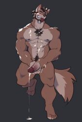 abs anthro balls big_penis biped bodily_fluids body_hair brown_body brown_fur canid canine canis chest_hair countershade_face countershade_fur countershade_tail countershade_torso countershading cum erection eyebrows eyepatchedfloof fingers fur genital_fluids genitals glans hair hi_res humanoid_genitalia humanoid_penis hybrid male mammal muscular muscular_anthro muscular_male pecs penis sabin_(soarinsabin) tail tongue tongue_out wolfdog