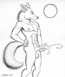 2024 abs anthro balls bodily_fluids canid canine claws cum dogwash ejaculation finger_claws foreskin genital_fluids genitals greyscale hand_on_hip hatching_(art) hi_res humanoid_genitalia humanoid_penis male mammal masturbation monochrome moon mythological_canine mythological_creature mythology nipples pen_(artwork) penis shaded solo traditional_media_(artwork) were werecanid werecanine werewolf