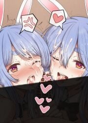 1boy 2girls anger_vein animal_ear_fluff animal_ears bar_censor blue_hair blush brown_background bukkake censored commentary cum cum_in_mouth cum_on_hair cum_string facial hair_between_eyes heart heart_censor highres hololive light_blue_hair looking_at_viewer mamerakkkkko mother_and_daughter multiple_girls one_eye_closed open_mouth oyakodon_(sex) paid_reward_available pekomama penis portrait pov rabbit-shaped_pupils rabbit_ears rabbit_girl red_eyes scowl sidelocks simple_background smile spoken_anger_vein spoken_heart straight sweat symbol-shaped_pupils tearing_up tears thick_eyebrows tongue tongue_out usada_pekora virtual_youtuber