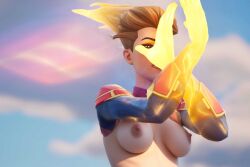 1female 1girl 1girls ai_assisted ai_generated breasts breasts_out captain_marvel captain_marvel_(fortnite) carol_danvers edit edited epic_games female female_only flying fortnite fortnite:_battle_royale glowing_hair glowing_hands marvel marvel_comics nsfw nude_edit nude_filter shiny shiny_skin solo solo_female