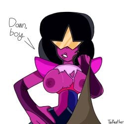 black_hair cartoon_network female femdom fusion garnet_(steven_universe) gem_(species) gem_fusion hourglass_figure large_breasts leash male_(lore) male_pov mommy petplay plump_lips pov purple_skin steven_universe tailfeather_(artist) torn_clothes visor white_background