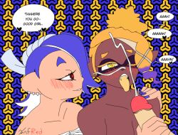 1boy 2girls big_penis blue_hair blush breasts chocolate_and_vanilla cum cum_on_eye cum_on_face dark-skinned_female dark_skin deep_cut_(splatoon) ear_piercing facial_cumshot female ffm_threesome frye_(splatoon) hair_over_one_eye handjob human human_male inkling interspecies light-skinned_female light-skinned_male light_skin male male_human/female_humanoid nintendo nude octoling penis red_eyes shiver_(splatoon) smile splatoon tentacle_hair text threesome tongue_out yellow_eyes yellow_hair