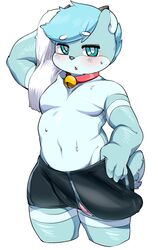 absurd_res anthro bell bell_collar berseepon09 big_bulge blue_hair blush bodily_fluids bulge cervid clothed clothing collar fur furry furry_only genital_outline hair hand_behind_head hi_res horn huge_bulge looking_at_viewer male male_only mammal penis_outline shota_deer_(character) simple_background small_but_hung solo standing sweat sweatdrop tail topless towel underwear underwear_only young