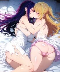 ai_generated arms_around_partner blonde_hair blush closed_eyes daughter hoshino_ai hoshino_ruby incest kissing large_breasts lying_on_bed mother mother_and_daughter oshi_no_ko purple_hair ripped_clothing yuri