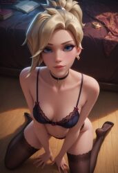 1girls ai_generated bra choker kneeling kneeling_on_floor lace lace_bra lace_panties lingerie makeup mercy overwatch ragen ragen_nsfw smiling solo stockings teasing tummy