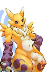 anthro bandai_namco big_penis clothing digimon digimon_(species) femboy genitals half-erect handwear handwear_only hi_res male male/male mostly_nude penis presenting presenting_penis renamon solo standing thick_thighs wide_hips