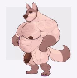 2021 2d abs animated anthro balls belly big_belly big_muscles body_hair border canid canine canis chest_hair claws domestic_dog donovan_(lizard_soup) ear_piercing eyebrows flaccid fur genitals gif grey_background hand_on_stomach hi_res huge_muscles humanoid_genitalia humanoid_penis lizard_soup looking_down loop male mammal musclegut muscular muscular_anthro muscular_male navel nipples nude overweight overweight_anthro overweight_male pecs penis piercing quads short_playtime simple_background solo standing thick_thighs tuft white_border