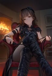 1girls artist_request boots brown_hair cute cute_girl dominant_female female female_focus femdom fringe from_below pale-skinned_female petite queen sadistic_girl slim smug smug_face smug_smile teenager whip