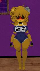 cally3d cosplay cryptiacurves embarrassed five_nights_at_freddy's fredina's_nightclub golden_freddy_(fnaf) golden_fredina_(cally3d) pose school_swimsuit type_0