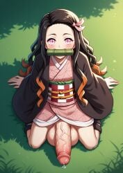 1futa ai_generated big_balls big_penis clothed clothing futanari kamado_nezuko kimetsu_no_yaiba looking_at_viewer looking_up nekojaanai no_panties penis precum sitting solo solo_futa viewed_from_above