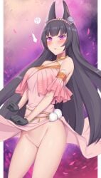 1girls alternate_costume bunny_ears bunny_girl censored cosplay crossover cygames dark_hair dragalia_lost exposed_pussy female female_only fire_emblem linde_(fire_emblem) linde_(fire_emblem)_(cosplay) linnea_(dragalia_lost) long_hair nintendo no_panties pink_dress pink_eyes rabbit_ears rabbit_girl soukitsu surprised