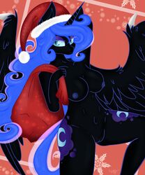 abstract_background alicorn anthro big_breasts breasts christmas christmas_clothing christmas_headwear clothing cutie_mark dark_persona equid equine ethereal_hair female friendship_is_magic genitals hat headgear headwear hi_res holidays horn looking_aside mammal my_little_pony nightmare_moon_(mlp) nude princess_luna_(mlp) pussy raised_leg sack santa_hat solo spread_wings synthsparkle wings