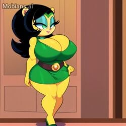 1female 1girls ai_generated belt big_breasts bimbo black_belt black_hair black_hair_female buttercup_(powerpuff_girls) cartoon_network curvy curvy_body curvy_female curvy_figure dan16369336 dress female female_only furry furry_only green_dress mobians.ai muscular muscular_female powerpuff_girls purple_eyelids short_hair short_hair_female skimpy_clothes skimpy_dress sole_female tagme trophy twitter_link wide_hips