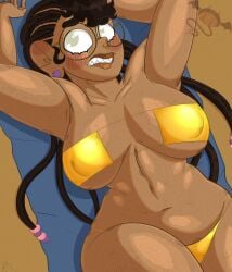 big_breasts bikini breasts breasts_out brown_hair chubby freckles freckles_on_face golden_bikini green_eyes imane_mngxongo(tiny_by_n1ghty) long_hair looking_back original_character overwatch overwatch_oc puffy_areola tiny_by_n1ghty tiny_gay_productions underboob yellow_micro_bikini