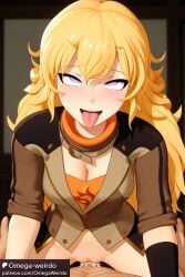 ahe_gao ai_generated blonde_hair cheating eye_roll jaune_arc patreon purple_hair rwby smile straddling tongue_out yang_xiao_long