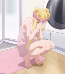 after_bath bare_legs barefoot bent_over blonde_hair blush covering_face dosanko_gal_wa_namara_menkoi double_bun embarrassed feet female female fuyuki_minami gyaru hair_bun knees large_breasts legs long_hair minami_fuyuki partially_submerged puckered_lips screencap sidelocks solo teen teen_girl teenage teenage_girl teenager tied_hair toes towel towel_only