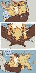 1:2 brown_body brown_fur closed_eyes comic eevee eeveelution electricity english_text fellatio feral first_person_view floofyskydraws fur gay generation_1_pokemon group hi_res hiding hiding_behind_tail human interspecies jolteon looking_at_another male male/male mammal neck_tuft nintendo oral penile pokemon pokemon_(species) pokephilia sex text trio tuft yellow_body yellow_fur