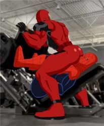 2boys angelmilian94 ass big_ass big_butt bubble_ass bubble_butt cocky daddy deadpool facesitting fully_clothed gay gay_male gym lad leg_press_meme male male/male male_only manly marvel marvel_comics mask masked masked_male muscular muscular_male spider-man spider-man_(series) superhero wade_wilson