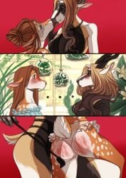 anthro ass ass_focus bondage breasts deer deer_girl deer_tail gazelle lesbian_kiss lesbian_sex lingerie marycitrus spank_marks spanking yuri