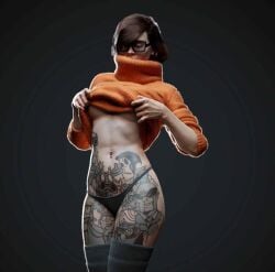 1girls 3d 3d_(artwork) abs artist_request brown_hair female fit fit_female glasses image_set short_hair stockings sweater sweater_lift tattoo tattoos thick_thighs velma_dinkley