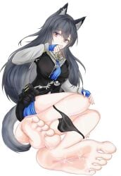 animal_ear_fluff animal_ear_piercing animal_ears arknights barefoot black_panties black_vest blue_gloves blue_shorts chinese_commentary commentary_request covered_mouth covering_own_mouth cum cum_on_body cum_on_feet cum_on_legs feet female fingerless_gloves full_body gloves grey_hair grey_shirt grey_tail highres jpeg_artifacts long_hair long_sleeves looking_at_viewer official_alternate_costume panties pouch purple_eyes shirt shorts simple_background soles solo tail texas_(arknights) texas_the_omertosa_(arknights) toes underwear vest white_background wolf_ears wolf_girl wolf_tail yellow_eyes yinzhixiaochaoyangla