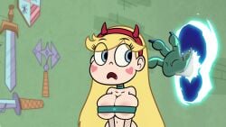 accurate_art_style beltbra blonde_hair blue_eyes blush_stickers breasts broken_weapon choker cleavage clothing disney facial_mark fake_horns female fishnets gameplay_mechanics hairband heart horned_headwear horns imminent_rape imminent_sex large_breasts long_hair navel open_mouth skindentation solo star_butterfly star_vs_the_forces_of_evil steca sword thelazyart upper_body very_long_hair weapon