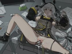 1girls alternate_version_available arknights bar_censor bottomless broken_rape_victim censored cum desk indoors light-skinned_female light_skin m-18 on_desk penetration penis red_eyes tears vaginal_penetration weedy_(arknights) white_hair