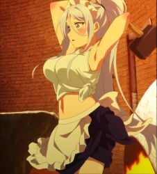 anime_screenshot armpits arms_behind_head blue_eyes breasts female grey_hair hammer highres large_breasts legs long_hair midriff navel open_mouth ponytail shirt skirt solo stitched sweat sylpha_(dai_nana_oji) tensei_shitara_dai_nana_oji_datta_no_de:_kimama_ni_majutsu_o_kiwamemasu thighs third-party_edit tied_shirt