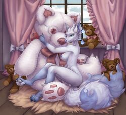 anthro asian_mythology ass balls breasts canid canine chivaran cute_expression east_asian_mythology fox fox_spirit futanari genitals gynomorph intersex mammal mythology nude paws penis pinup plushie pose solo teddy_bear toy