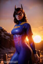 1girls ai_generated backlighting barbara_gordon batgirl batgirl_(gotham_knights) batman_(series) bodysuit dark-skinned_female dark_skin dc dc_comics detailed gotham_knights hi_res highres realistic solo superheroine synthpixel