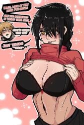 1boy 1girls big_breasts black_bra black_hair blush bra braid braided_ponytail brown_hair chainsaw_man demon demon_girl denji_(chainsaw_man) facial_hair female heart long_hair male mark_gavatino nayuta_(chainsaw_man) partially_clothed ponytail presenting presenting_breasts shirt_up tongue_out white_eyes yellow_eyes