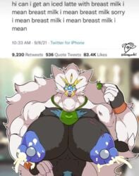 abs absurd_res apron apron_only big_breasts big_muscles bodily_fluids body_hair breasts chest_hair clothing curvy_figure duragonart english_text female furry hair happy hi_res huge_breasts huge_hands huge_muscles hyper hyper_breasts hyper_muscles i_mean_breast_milk iced_latte_with_breast_milk lactating legendary_pokémon long_hair macro marisol_(duragonart) meme mostly_nude muscular muscular_female nintendo nipple_piercing nipples pecs piercing pokémon_(species) pokemon pubes scar solgaleo text video_games voluptuous wide_shoulders