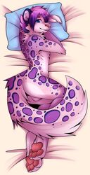 anthro backsack balls big_tail chest_tuft drewby_(drewby) felid fluffy fluffy_tail fur genitals girly hi_res male mammal pantherine pawpads paws pink_body pink_fur presenting purple_body purple_fur slim slushie-nyappy-paws snow_leopard solo tuft