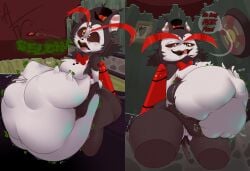 afraart alastor_(hazbin_hotel) anthro anthro_only belly big_belly burping felid feline fetish goofy_ahh hazbin_hotel husk_(hazbin_hotel) male_pred solo_male vore weight_gain