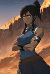 1girls ai_generated avatar_legends blue_eyes dark-skinned_female dark_skin fan_art female hair_tubes korra long_hair muscular_female ponytail safe safe_for_work serious_look the_avatar the_legend_of_korra topknot water_tribe