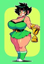 1female 1girls ai_generated belt big_breasts bimbo black_belt black_hair black_hair_female buttercup_(powerpuff_girls) cartoon_network curvy curvy_body curvy_female curvy_figure dan16369336 dress female female_only green_dress muscular muscular_female powerpuff_girls purple_eyelids short_hair short_hair_female skimpy_clothes skimpy_dress sole_female tagme trophy twitter_link wide_hips