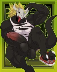 4:5 absurd_res anthro balls bandai_namco big_balls big_penis blackwargreymon bottomless claws clothed clothing digimon digimon_(species) genitals hi_res huge_balls huge_cock looking_at_viewer male male_only muscular muscular_male penis solo toe_claws tongue tongue_out torn_clothing transformation weskers