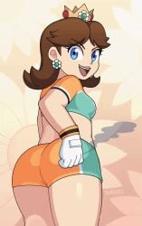 :) :d ass ass_focus blue_eyes brown_hair crown daisy&#039;s_hot_stuff_(trend) earrings fat_ass female flower_earrings fume huge_ass large_ass legs looking_back looking_back_at_viewer mario_(series) mario_strikers nintendo orange_shirt orange_shorts presenting_ass princess princess_daisy sassy shirt shorts smile smilev sniffable_ass soccer_uniform standing super_mario_land super_mario_strikers tomboy tounching_own_ass yamouri young young_girl