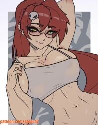 1girls animated arm_up athletic_female blush breasts cleavage flirty glasses hair_ornament jiggling_breasts large_breasts loop no_sound on_back red_hair shorter_than_30_seconds sideboob solo sticking_out_tongue stopu tagme tengen_toppa_gurren_lagann upper_body video yellow_eyes yoko_littner