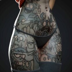 1girls 3d 3d_(artwork) abs artist_request brown_hair female fit fit_female glasses image_set short_hair stockings sweater sweater_lift tattoo tattoos thick_thighs velma_dinkley