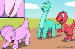 2021 anus blitz_(dino_ranch) blue_eyes blush brontosaurus butt_wiggle caluriri ceratopsian close-up clover_(dino_ranch) dino_ranch dinosaur diplodocid disney dromaeosaurid fangs female feral first_porn_of_franchise genitals green_eyes group half-closed_eyes looking_back male narrowed_eyes open_mouth ornithischian penis pussy reptile sauropod scalie tango_(dino_ranch) theropod thyreophoran tongue tongue_out triceratops velociraptor