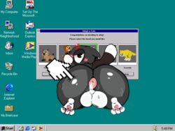 4:3 anonymous_artist ass balls big_butt bodily_fluids catz_(pf_magic) cum cum_in_ass cum_inside desktop domestic_cat english_text felid feline felis feral genital_fluids genitals grope hi_res male mammal microsoft microsoft_windows solo spread_butt spread_legs spreading text windows_95