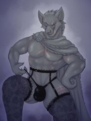 3:4 absurd_res alvasir_(artist) anthro bite_mark blaidd_(elden_ring) bulge canid canine canis clothing elden_ring facial_scar fromsoftware garter_belt garter_straps gay hi_res legwear licking licking_lips lingerie looking_at_viewer male mammal muscular muscular_anthro muscular_male scar solo stockings tongue tongue_out wolf