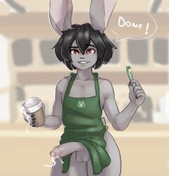 anthro apron apron_only big_penis black_hair black_nails bodily_fluids clothing colored_nails cum cum_in_a_cup foreskin genital_fluids genitals girly green_apron hair humanoid humanoid_genitalia i_mean_breast_milk iced_latte_with_breast_milk iced_latte_with_dick_milk lagomorph leporid male mammal meme mostly_nude nails penis psychobun rabbit red_eyes sibeth solo starbucks workplace