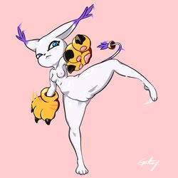 1:1 action_pose anthro bandai_namco blue_eyes breasts clothing digimon digimon_(species) female fur gatomon gatox_(artist) genitals gloves gloves_only handwear handwear_only hi_res jewelry mostly_nude navel nipples nude pink_background pose pussy raised_leg simple_background solo thick_thighs white_body white_fur