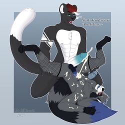 abs absurd_res anthro arm_scales arm_tattoo armwear big_penis blue_eyes blue_nipples blue_penis bodily_fluids clothing compliment cum cum_marking cum_on_face duo felid fishnet_armwear fishnet_clothing fishnet_legwear genital_fluids genitals hi_res hybrid leaking_cum legwear leopard male male/male mammal misfitbiscuit muscular nipples pantherine penis penis_size_difference procyonid pupils raccoon rivets_(rivetstheblue) size_difference slit_pupils tattoo vein veiny_penis zephyr_(rivetstheblue)