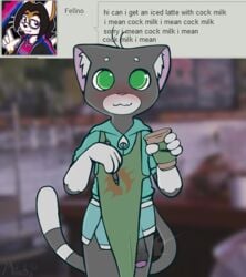 4_fingers :3 absurd_res anthro apron ask_blog beverage black_body black_fur blurred_background blush buttons_(milachu92) clothed clothing coffee container cup digital_media_(artwork) domestic_cat english_text felid feline felis fingers foreskin fur genitals green_apron green_eyes grey_body grey_fur hi_res holding_cup holding_object holding_pen hoodie humanoid_genitalia humanoid_penis i_mean_breast_milk iced_latte_with_breast_milk iced_latte_with_dick_milk inner_ear_fluff male mammal meme milachu92 multicolored_body multicolored_fur pen penis peter_the_cat poking_out portrait public public_exposure solo standing text three-quarter_portrait topwear tuft tumblr two_tone_body two_tone_fur white_body white_fur